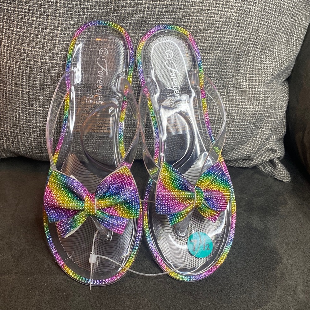 NWT Forever Clear Rainbow Bow Jelly Flip Flop Various Sizes
